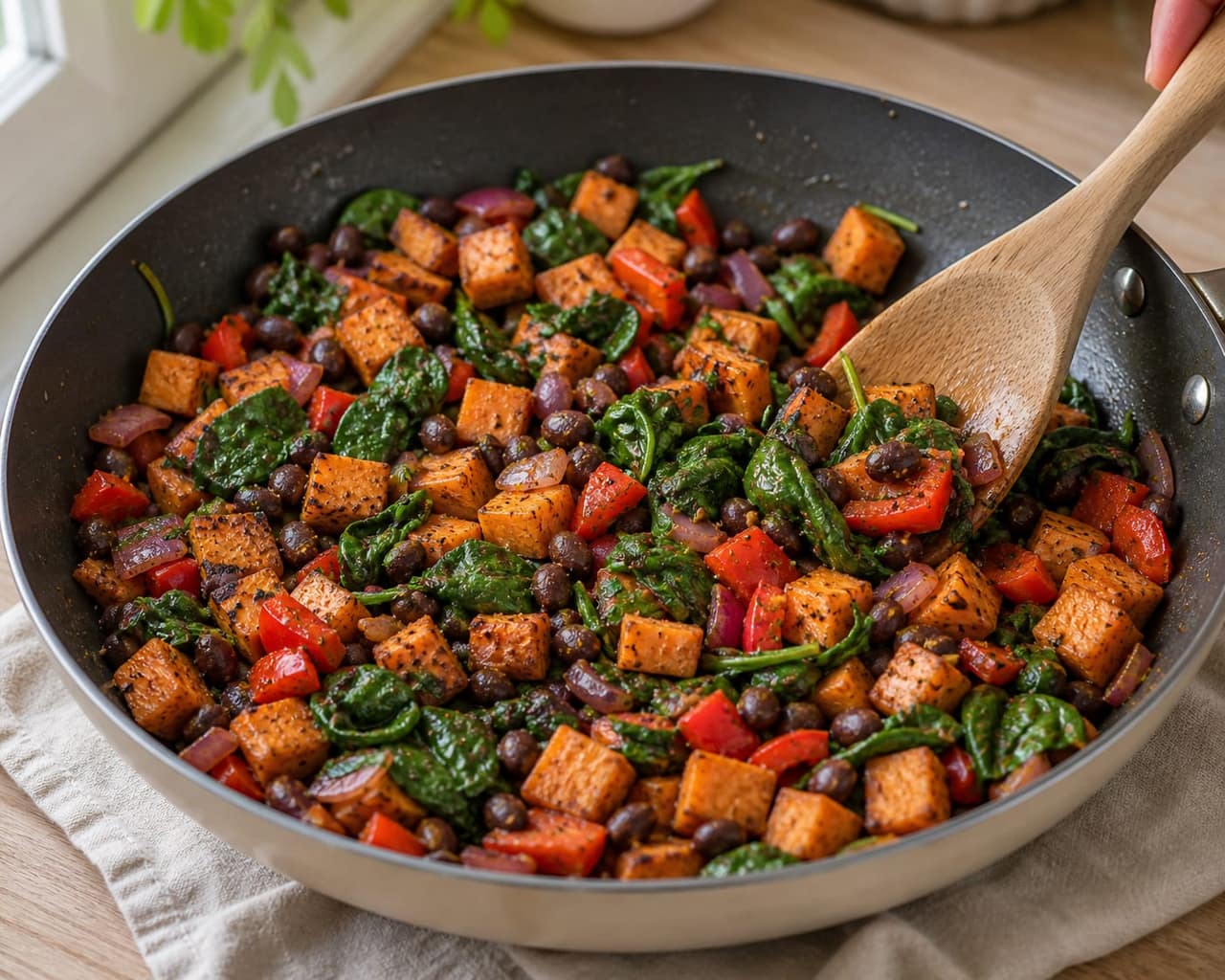 Sweet Potato Bean Breakfast Hash cooking step 3: Add the beans and vegetables.