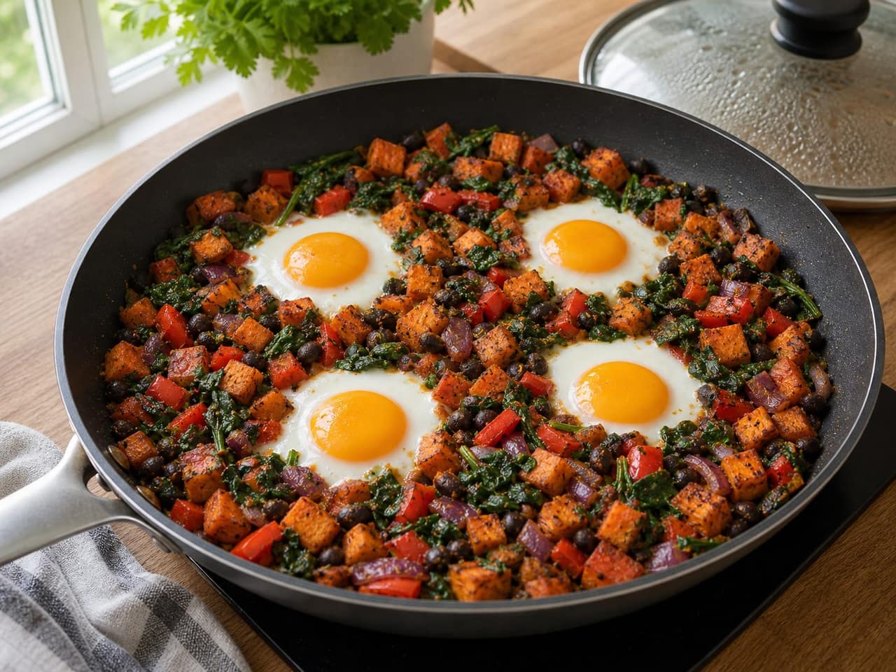 Sweet Potato Bean Breakfast Hash cooking step 4: Set the eggs.