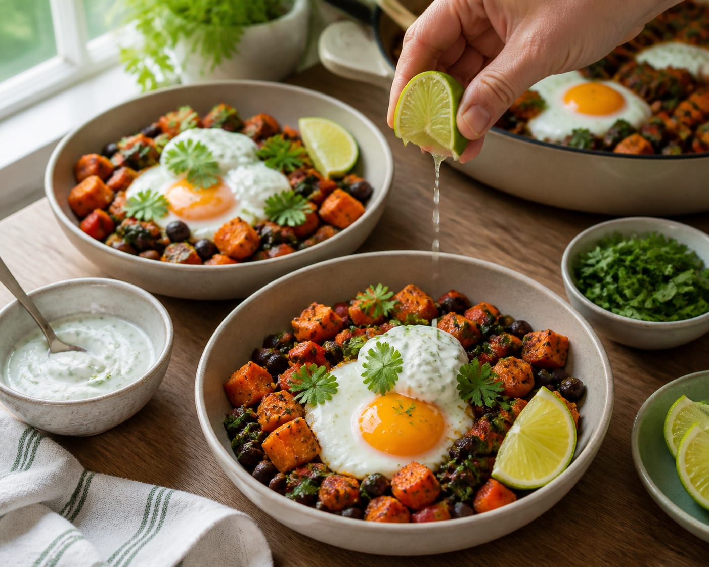 Sweet Potato Bean Breakfast Hash cooking step 5: Finish with lime yogurt.