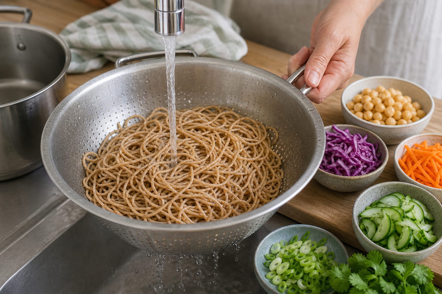 Thai-Style Peanut Chickpea Noodle Boxes cooking step 1: Cook and cool the noodles.
