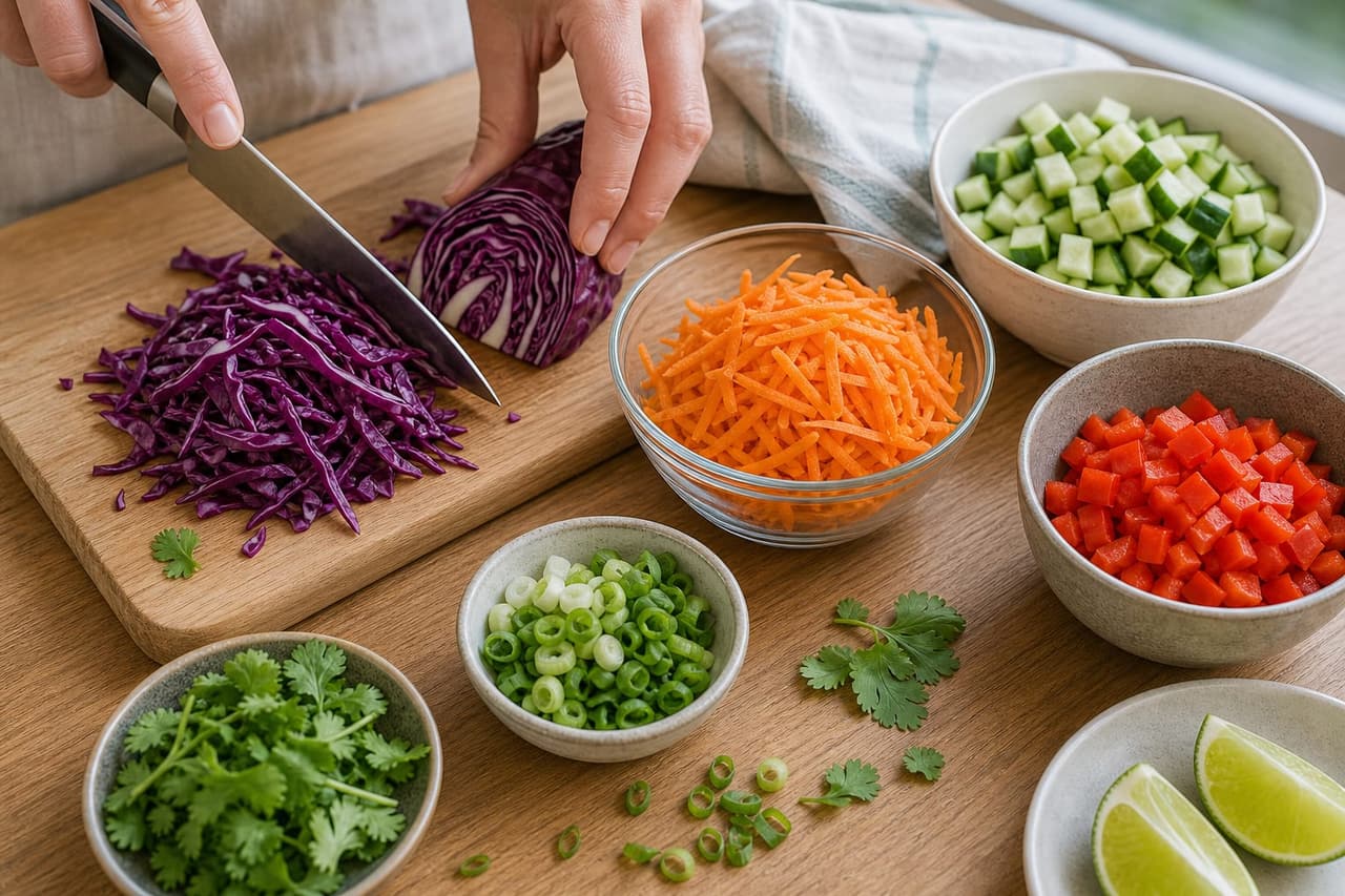Thai-Style Peanut Chickpea Noodle Boxes cooking step 2: Prepare the crunchy vegetables.