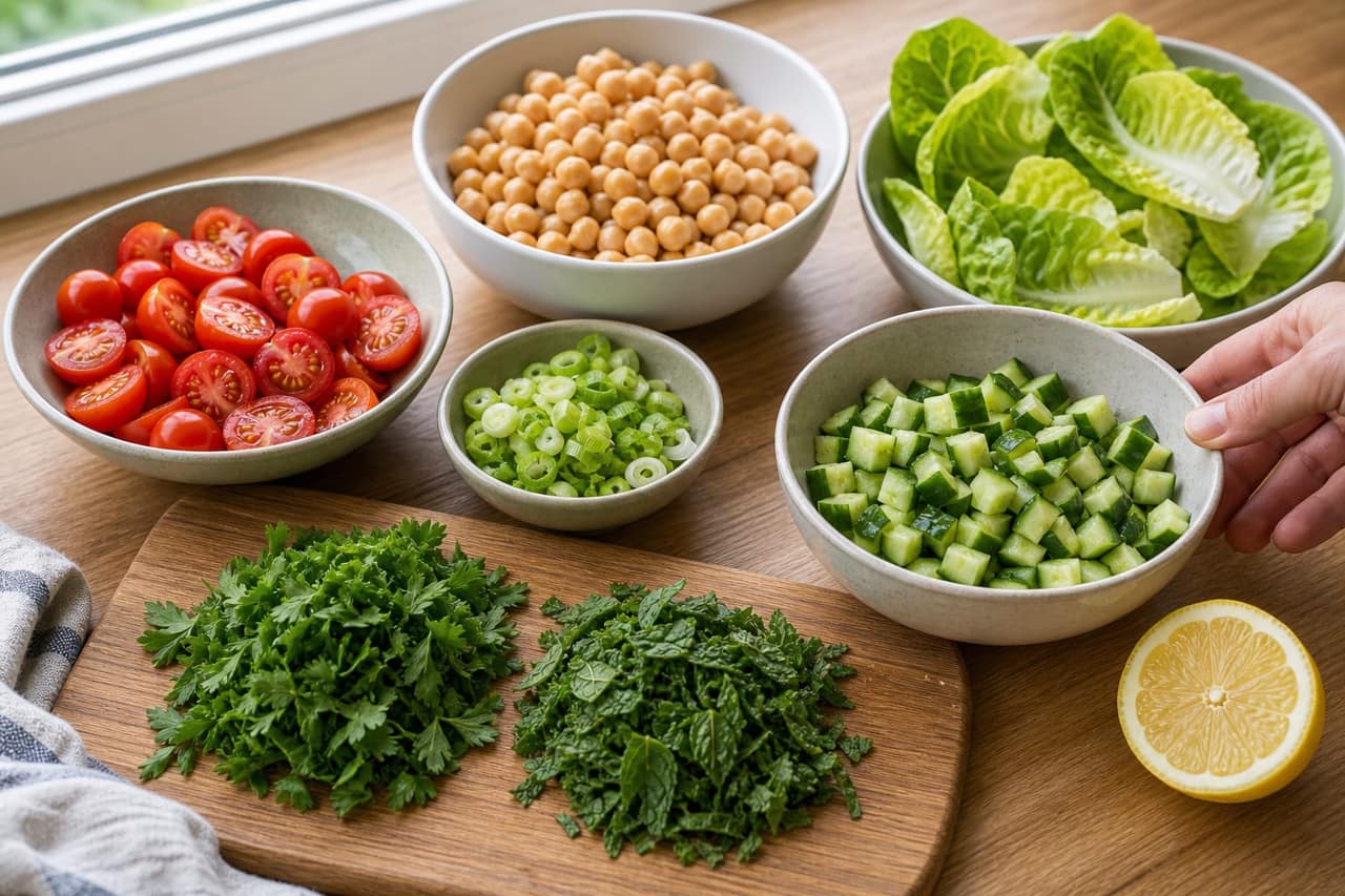 Turkish-Style Kisir Halloumi Lunch Boxes cooking step 1: Prepare the vegetables and herbs.