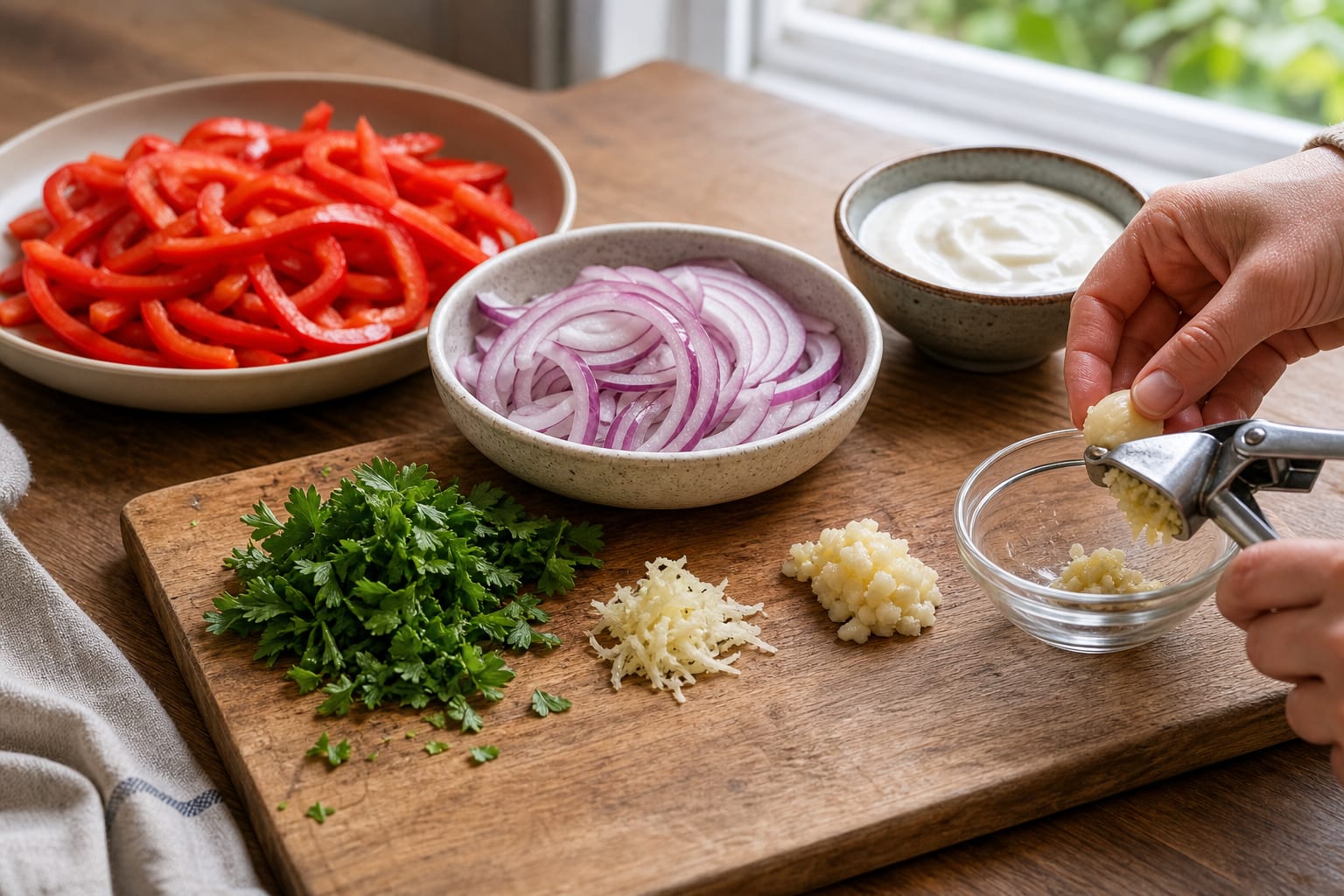 Turkish-Inspired Menemen Breakfast Pittas cooking step 1: Prepare the vegetables and yogurt.