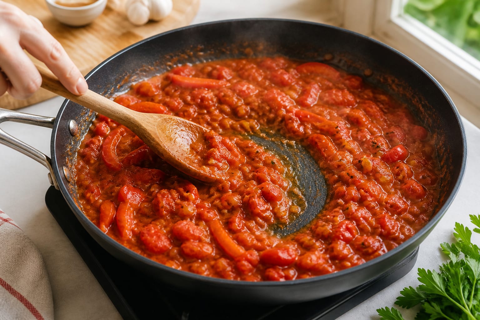Turkish-Inspired Menemen Breakfast Pittas cooking step 3: Build the tomato base.