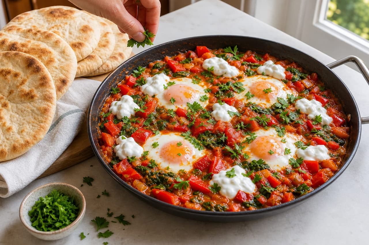 Turkish-Inspired Menemen Breakfast Pittas cooking step 5: Warm the pittas and finish.