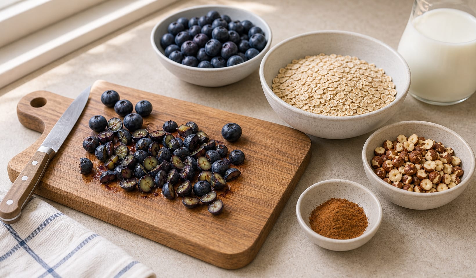 Fragrant Blueberry Cinnamon Hazelnut Porridge with Yoghurt cooking guide image for prepare the fruit.