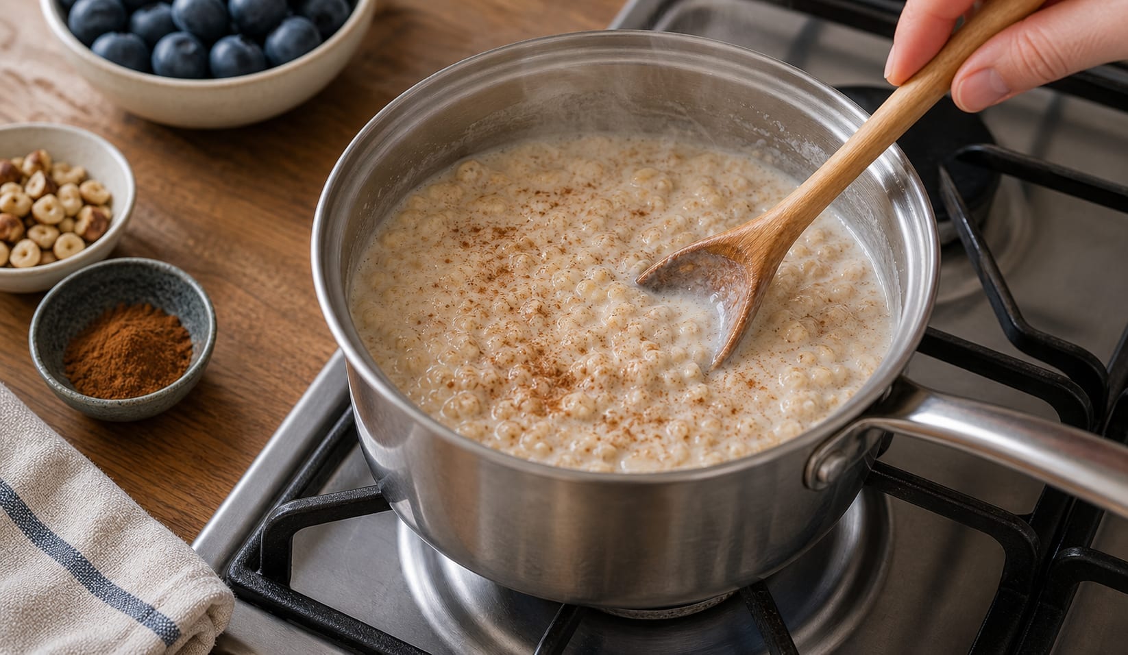 Fragrant Blueberry Cinnamon Hazelnut Porridge with Yoghurt cooking guide image for simmer the oats.