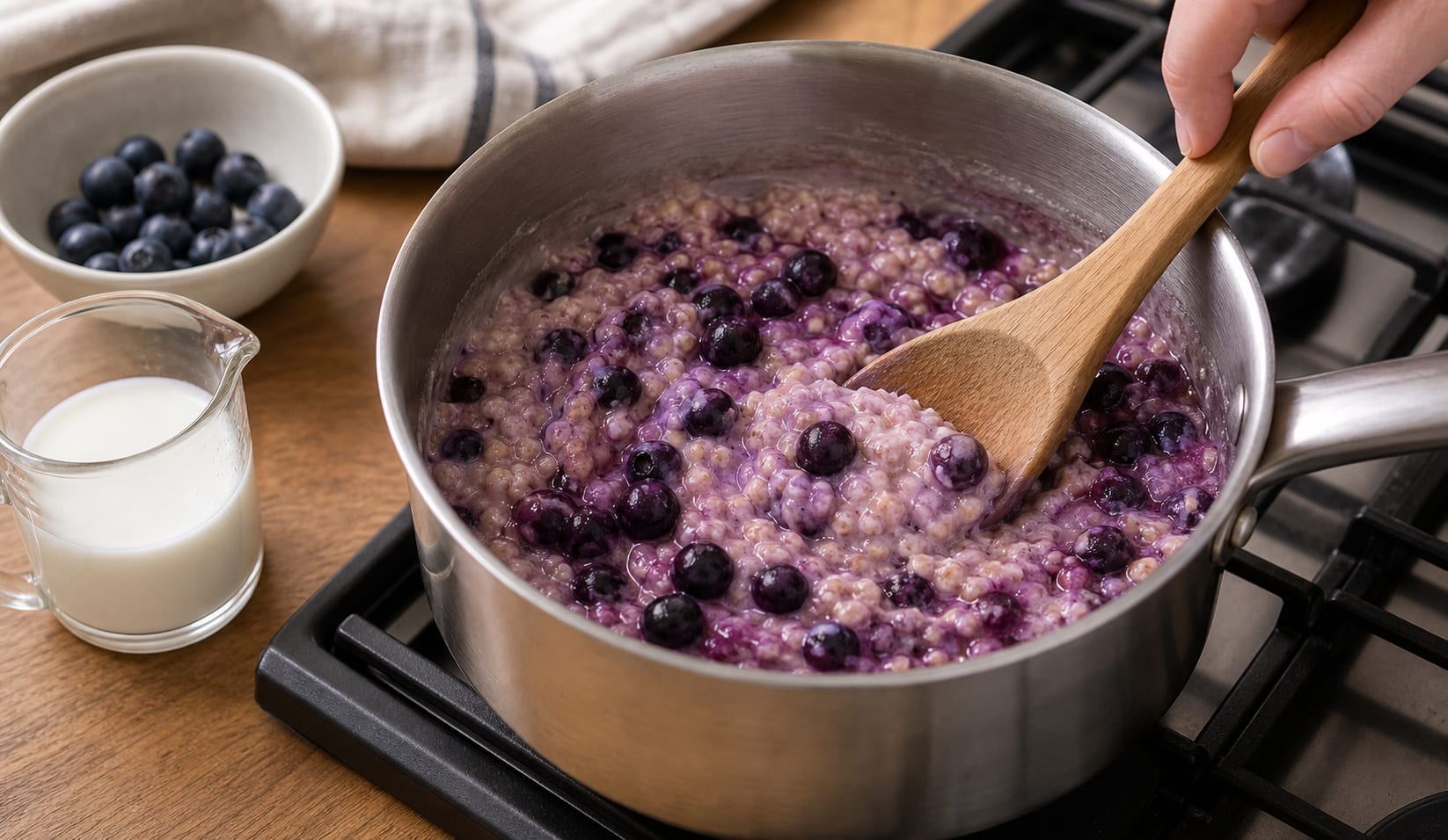 Fragrant Blueberry Cinnamon Hazelnut Porridge with Yoghurt cooking guide image for warm the fruit.