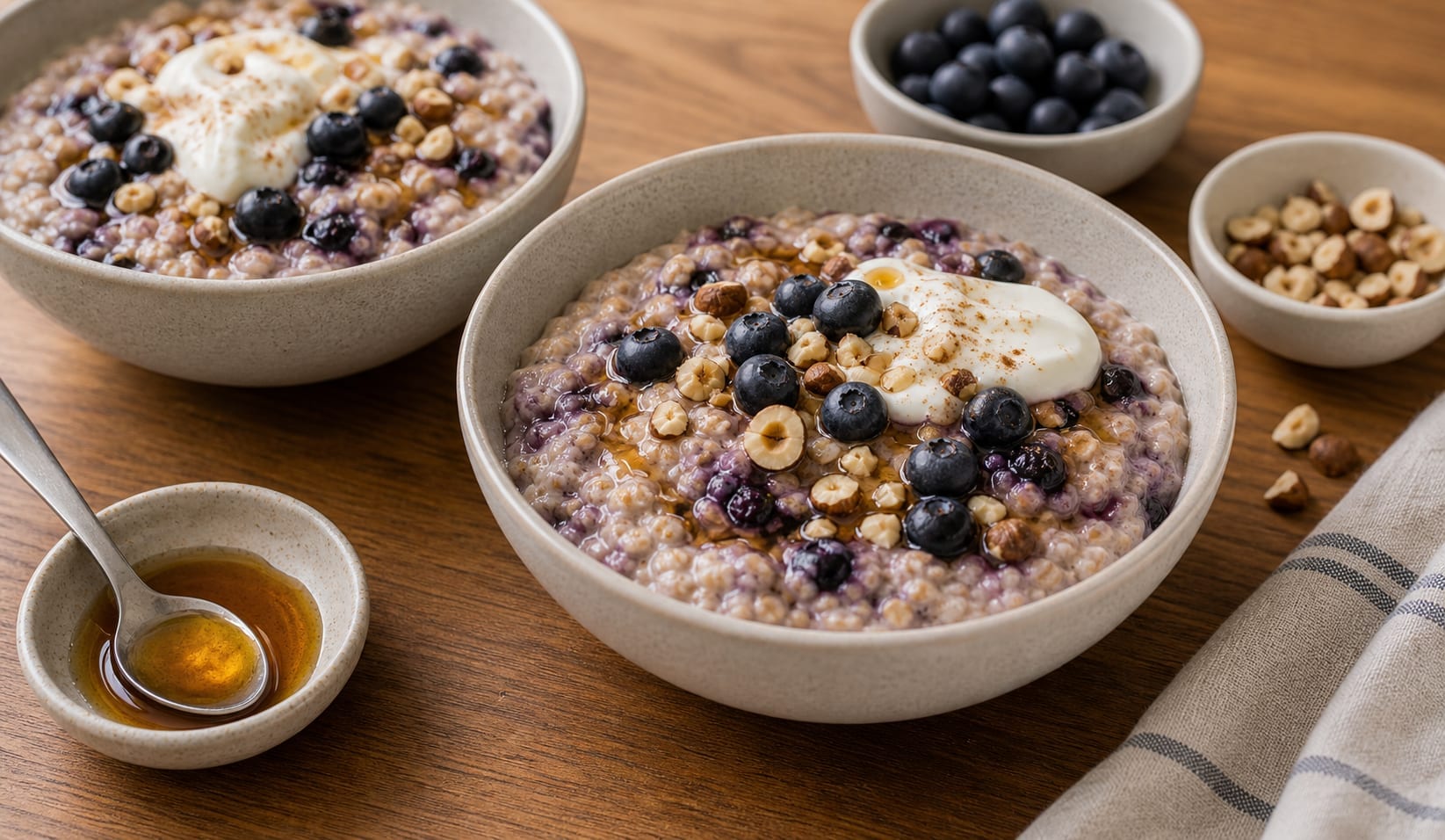 Fragrant Blueberry Cinnamon Hazelnut Porridge with Yoghurt cooking guide image for finish the bowls.