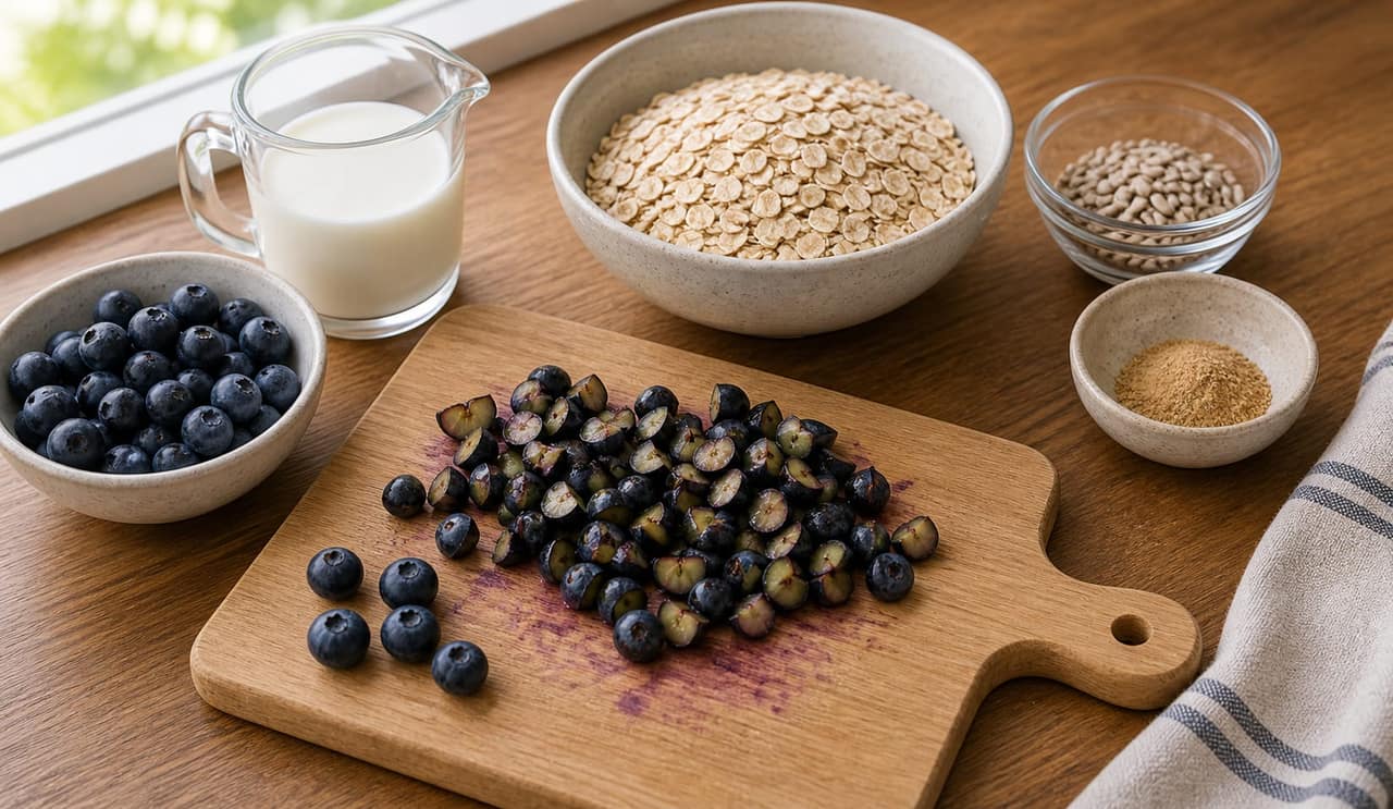 Fragrant Blueberry Ginger Sunflower Seed Porridge with Yoghurt cooking guide image for prepare the fruit.