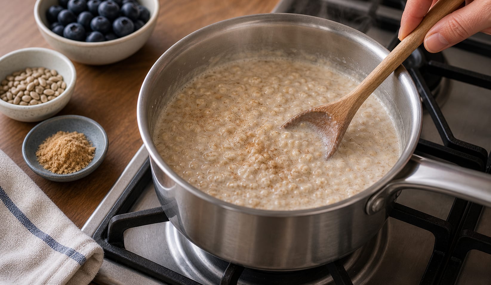 Fragrant Blueberry Ginger Sunflower Seed Porridge with Yoghurt cooking guide image for simmer the oats.