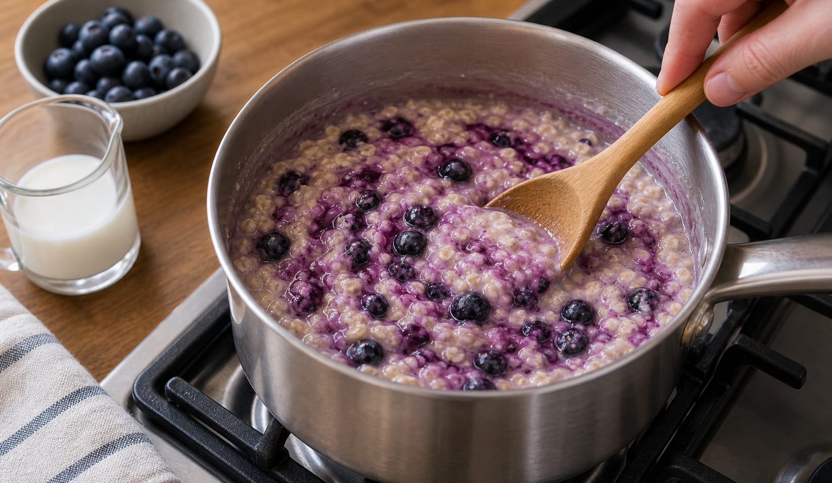 Fragrant Blueberry Ginger Sunflower Seed Porridge with Yoghurt cooking guide image for warm the fruit.
