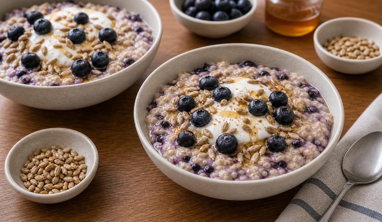 Fragrant Blueberry Ginger Sunflower Seed Porridge with Yoghurt cooking guide image for finish the bowls.