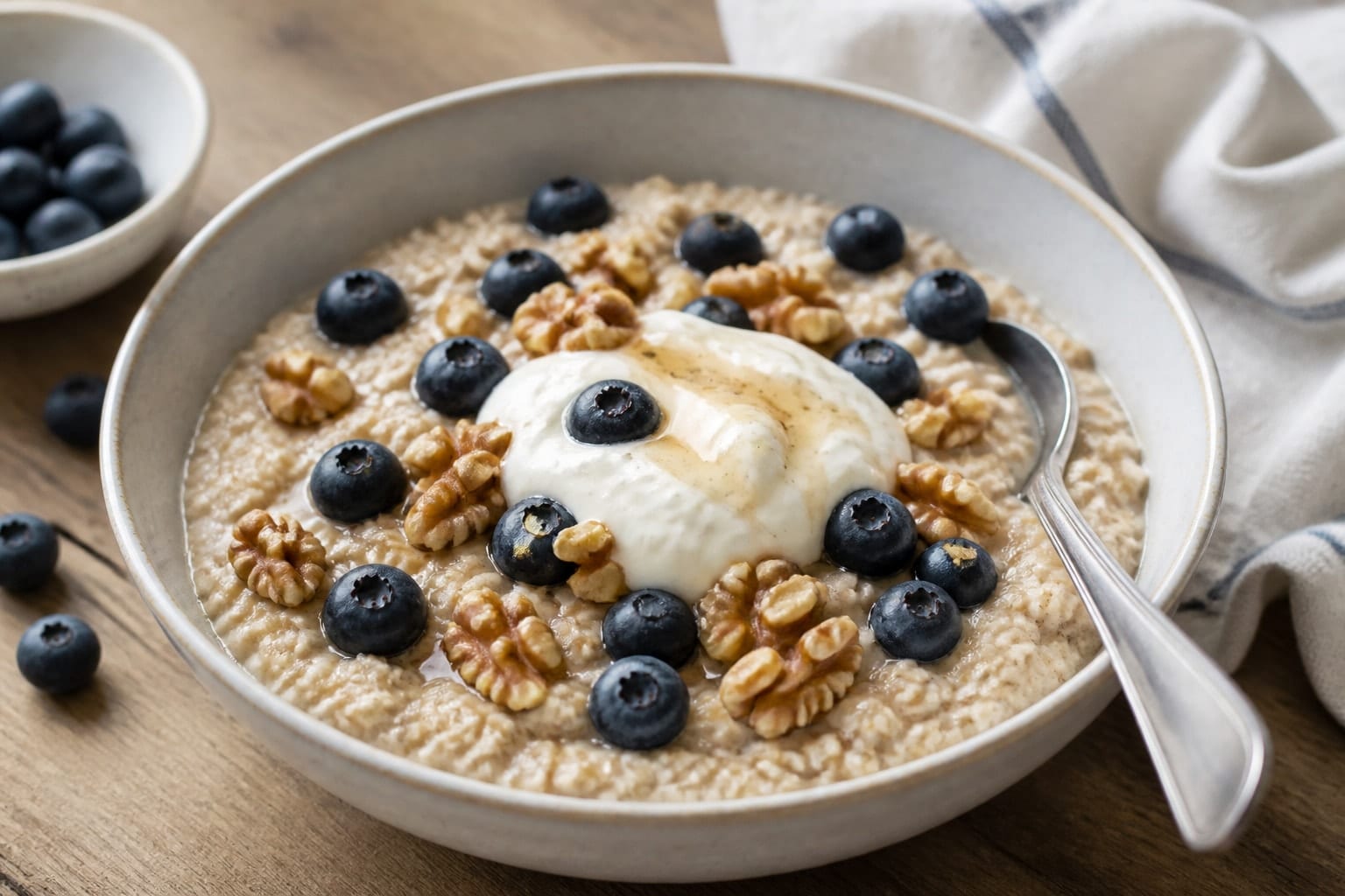 Blueberry Vanilla Walnut Porridge plated and ready to serve.