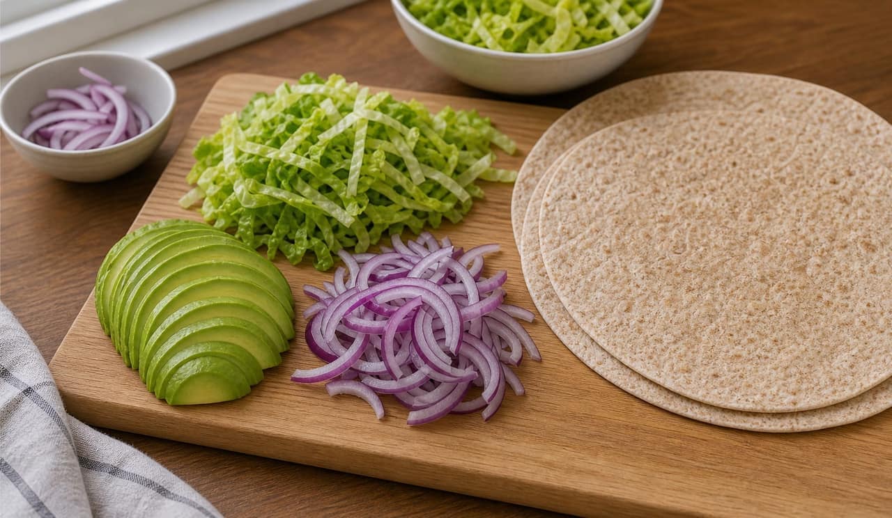Chicken Avocado Tahini Wraps cooking step 1: Prepare the vegetables.
