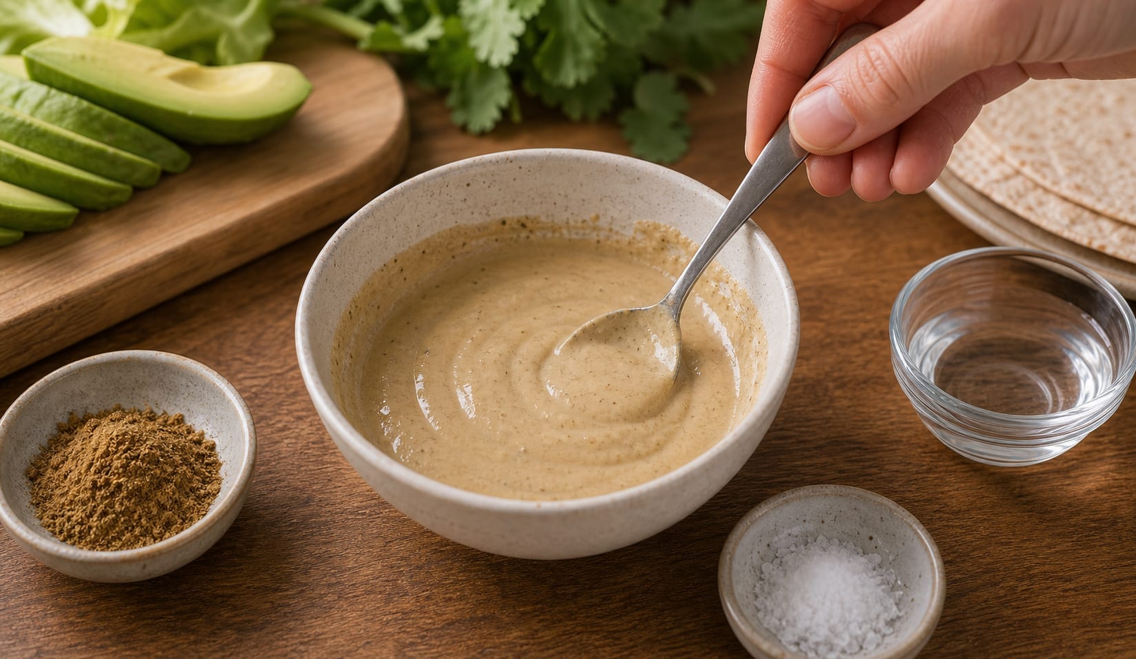 Chicken Avocado Tahini Wraps cooking step 3: Make the dressing.