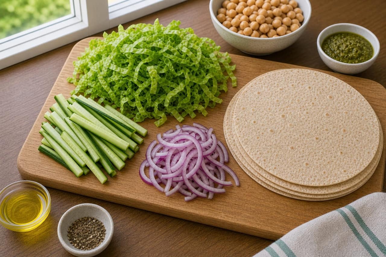 Chickpea Cucumber Pesto Wraps cooking step 1: Prepare the vegetables.