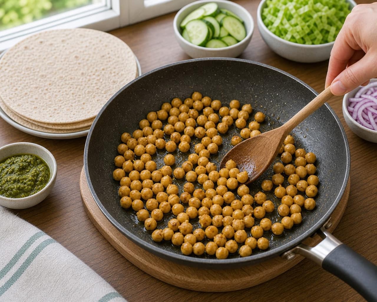 Chickpea Cucumber Pesto Wraps cooking step 2: Cook the protein.