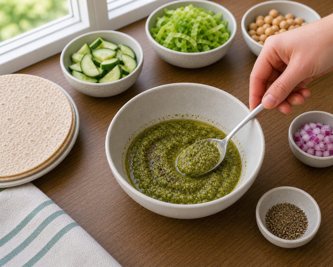 Chickpea Cucumber Pesto Wraps cooking step 3: Make the dressing.