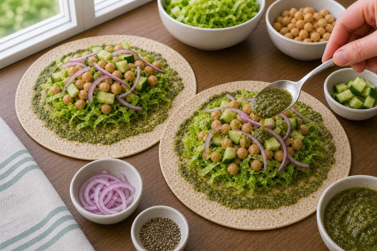 Chickpea Cucumber Pesto Wraps cooking step 4: Fill the wraps.