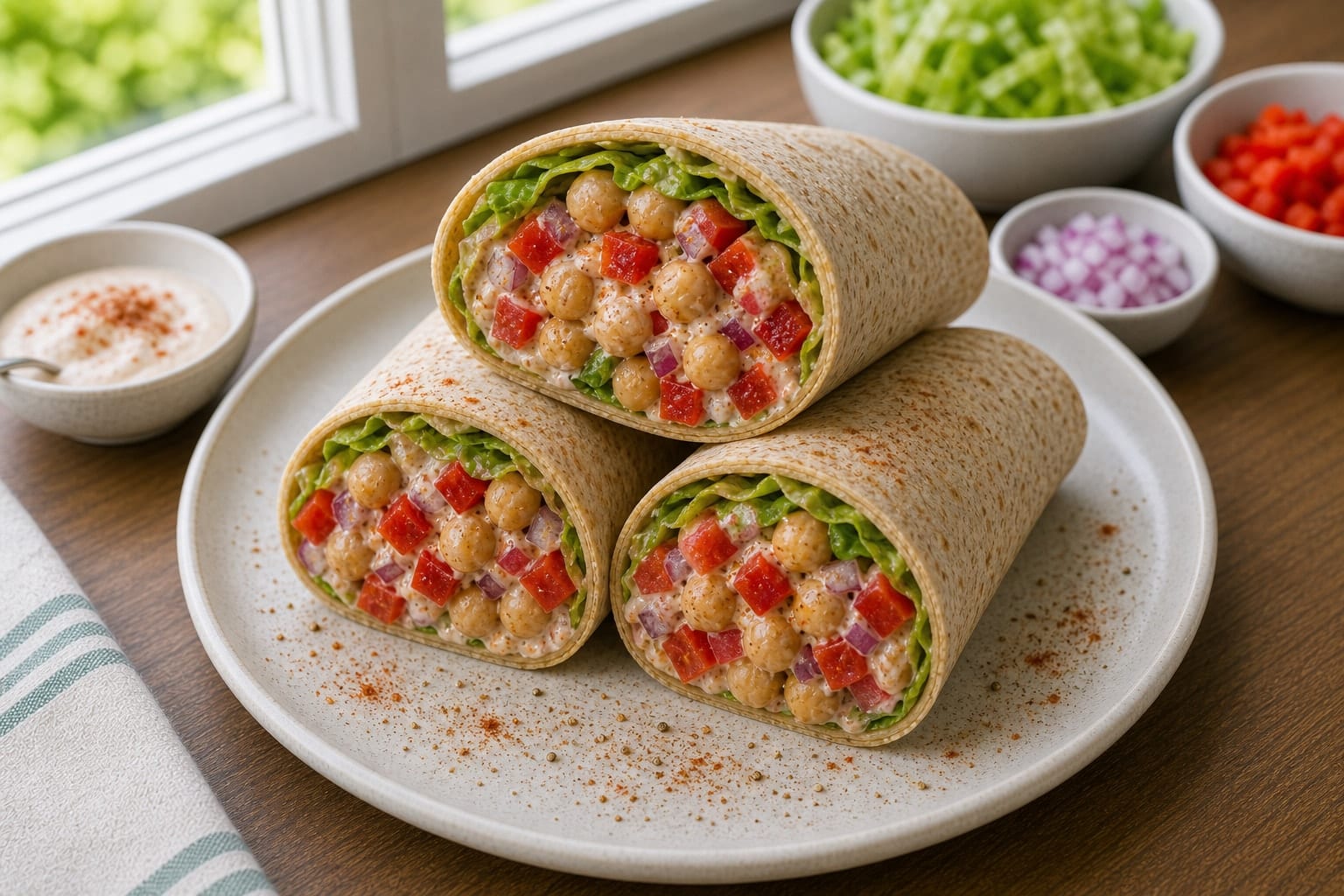 Chickpea Pepper Yoghurt Wraps plated and ready to serve.