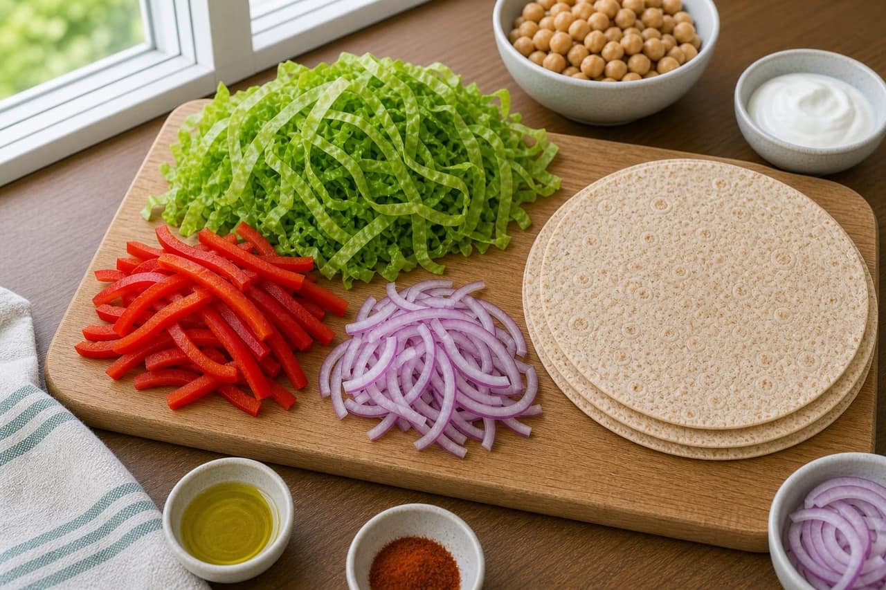 Chickpea Pepper Yoghurt Wraps cooking step 1: Prepare the vegetables.
