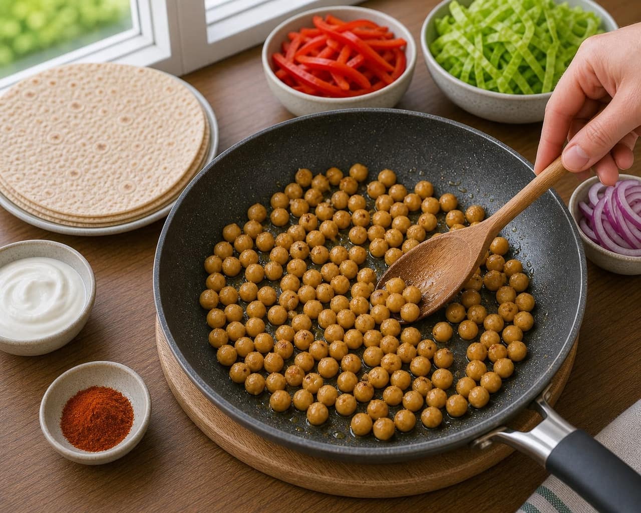Chickpea Pepper Yoghurt Wraps cooking step 2: Cook the protein.
