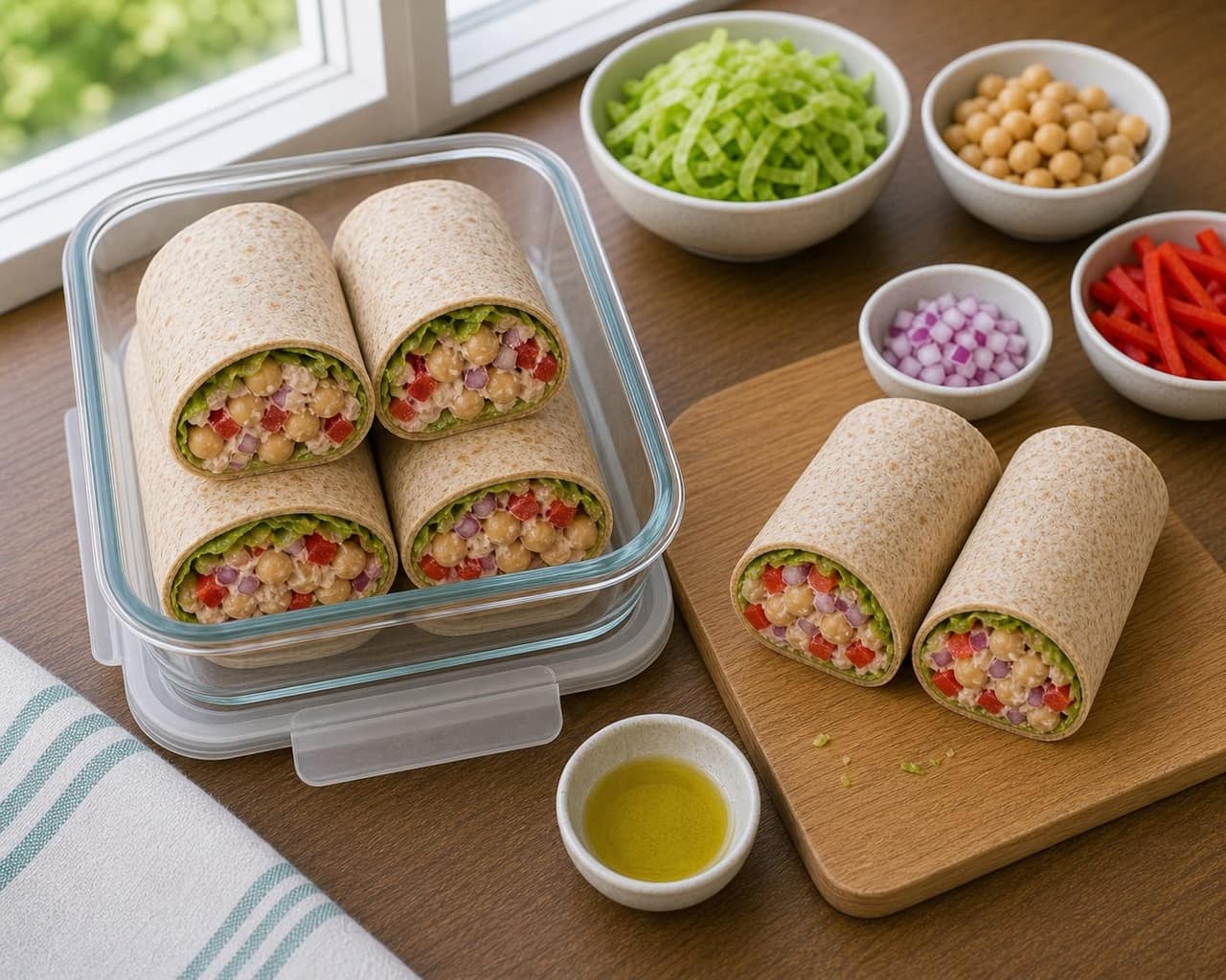 Chickpea Pepper Yoghurt Wraps cooking step 5: Roll and pack.