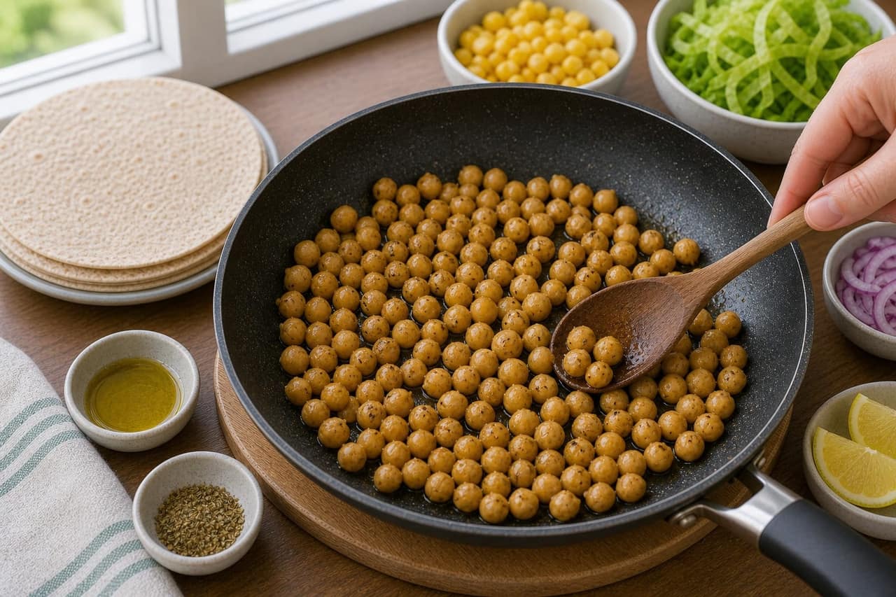 Chickpea Sweetcorn Lemon Wraps cooking step 2: Cook the protein.