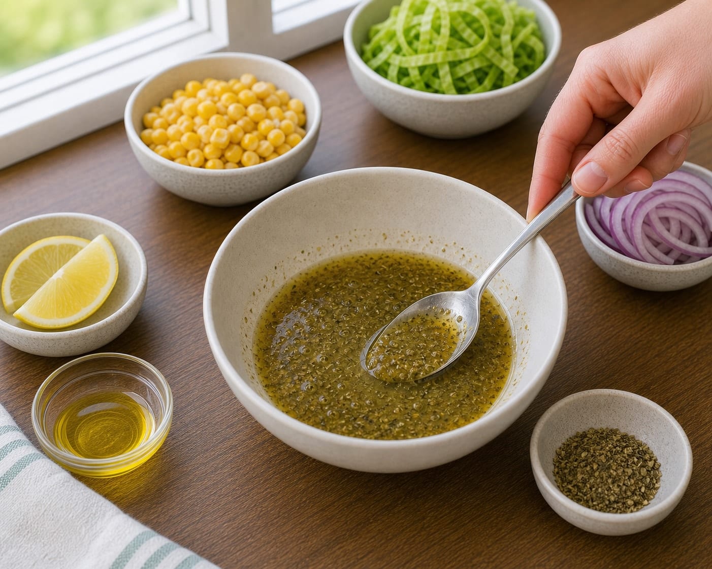 Chickpea Sweetcorn Lemon Wraps cooking step 3: Make the dressing.