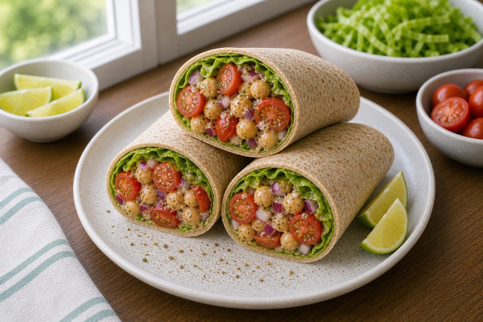 Chickpea Tomato Lime Wraps plated and ready to serve.