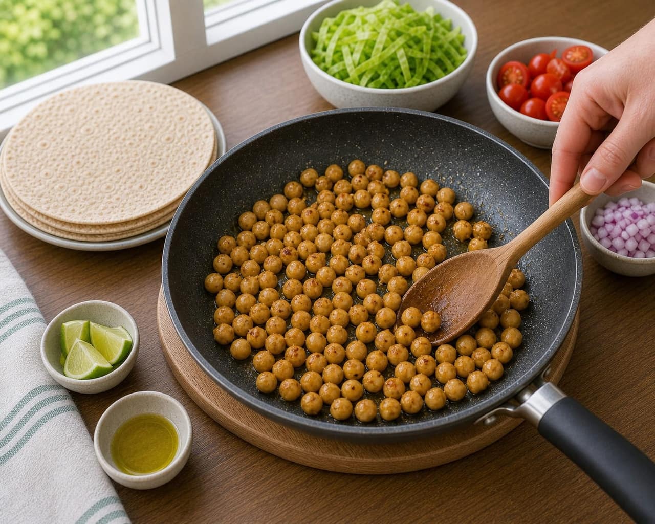 Chickpea Tomato Lime Wraps cooking step 2: Cook the protein.