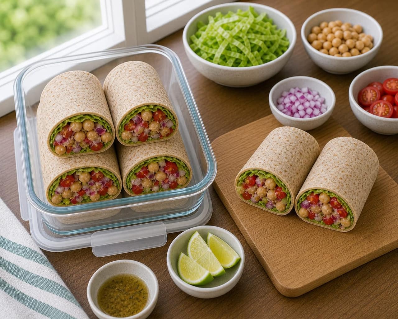 Chickpea Tomato Lime Wraps cooking step 5: Roll and pack.
