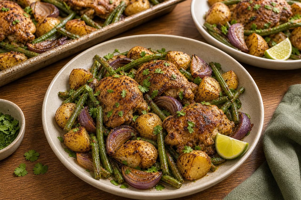 Cumin Chicken Green Bean Traybake plated and ready to serve.