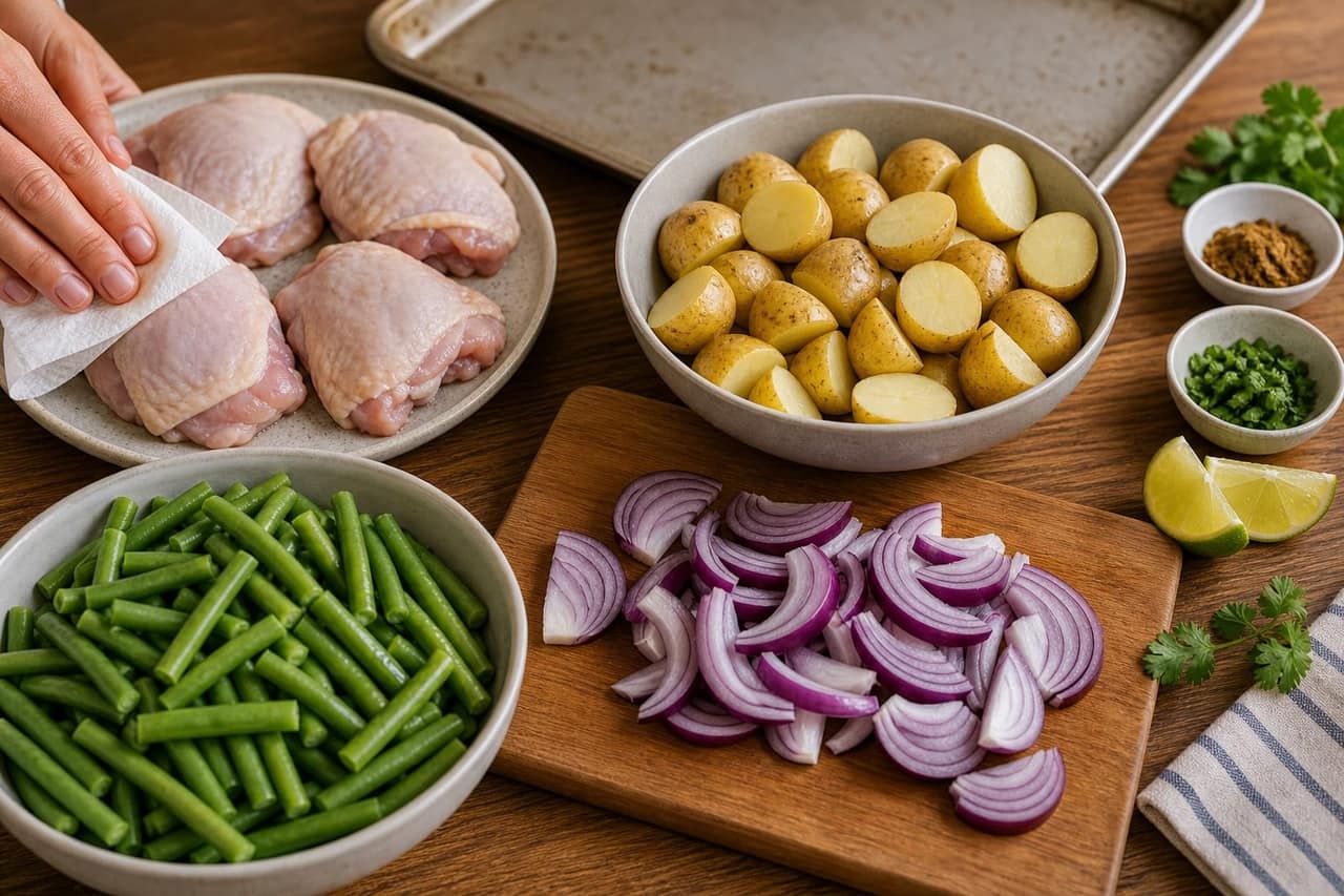 Cumin Chicken Green Bean Traybake cooking step 1: Prepare the tray.