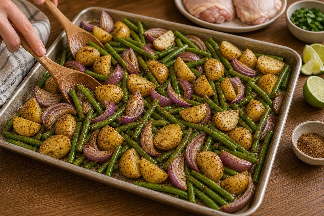 Cumin Chicken Green Bean Traybake cooking step 2: Season the base.