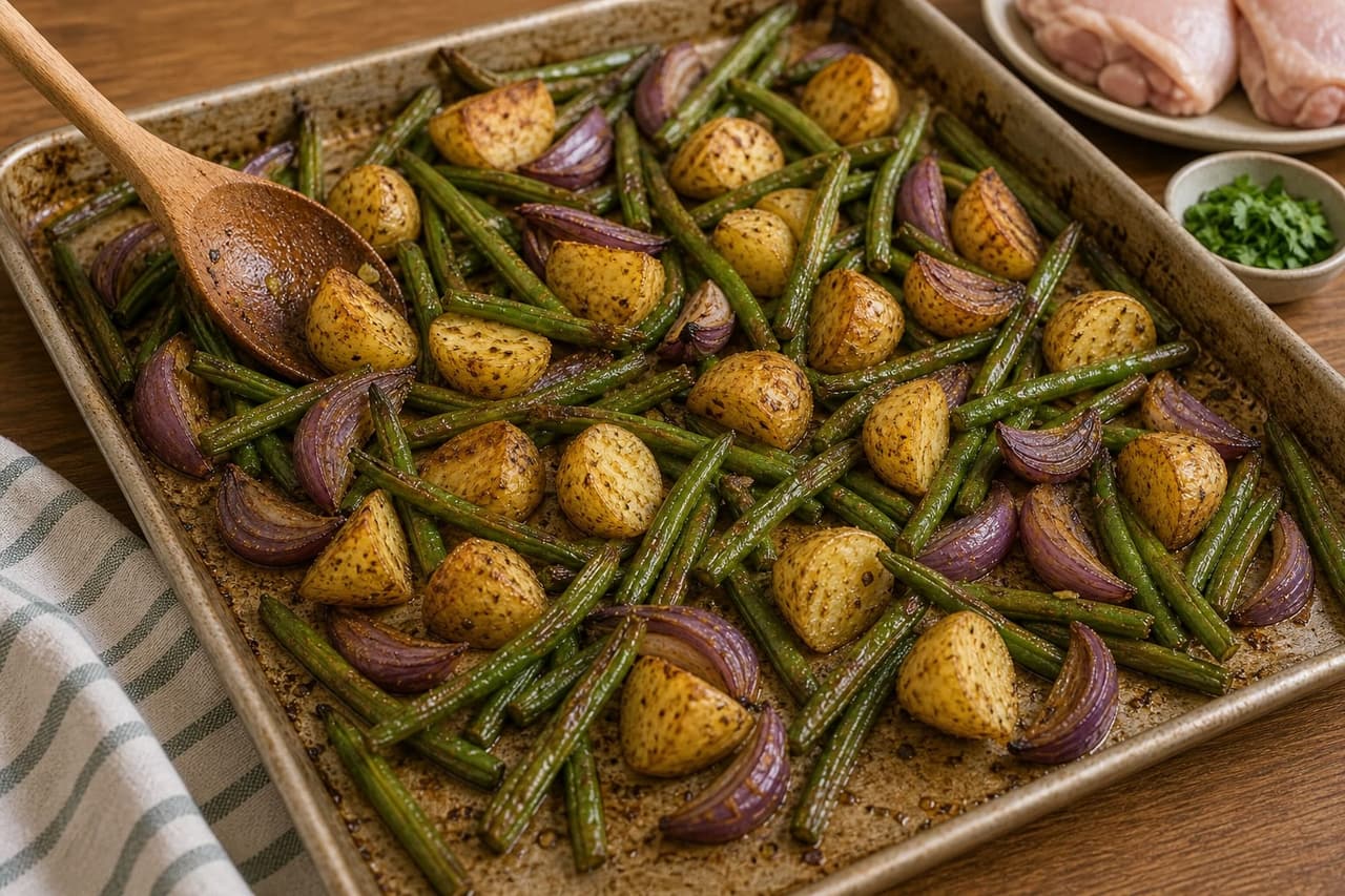 Cumin Chicken Green Bean Traybake cooking step 3: Roast the vegetables.