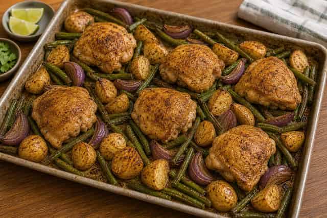 Cumin Chicken Green Bean Traybake cooking step 4: Add the protein.