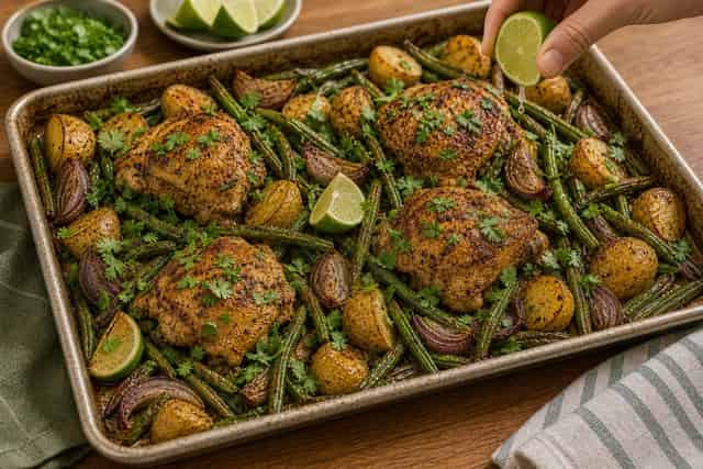 Cumin Chicken Green Bean Traybake cooking step 5: Add freshness.