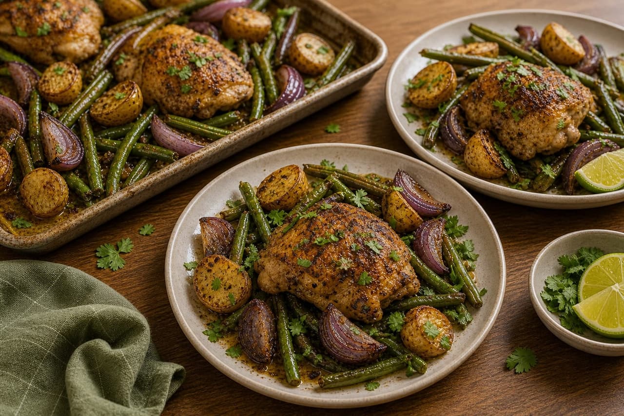 Cumin Chicken Green Bean Traybake cooking step 6: Serve.