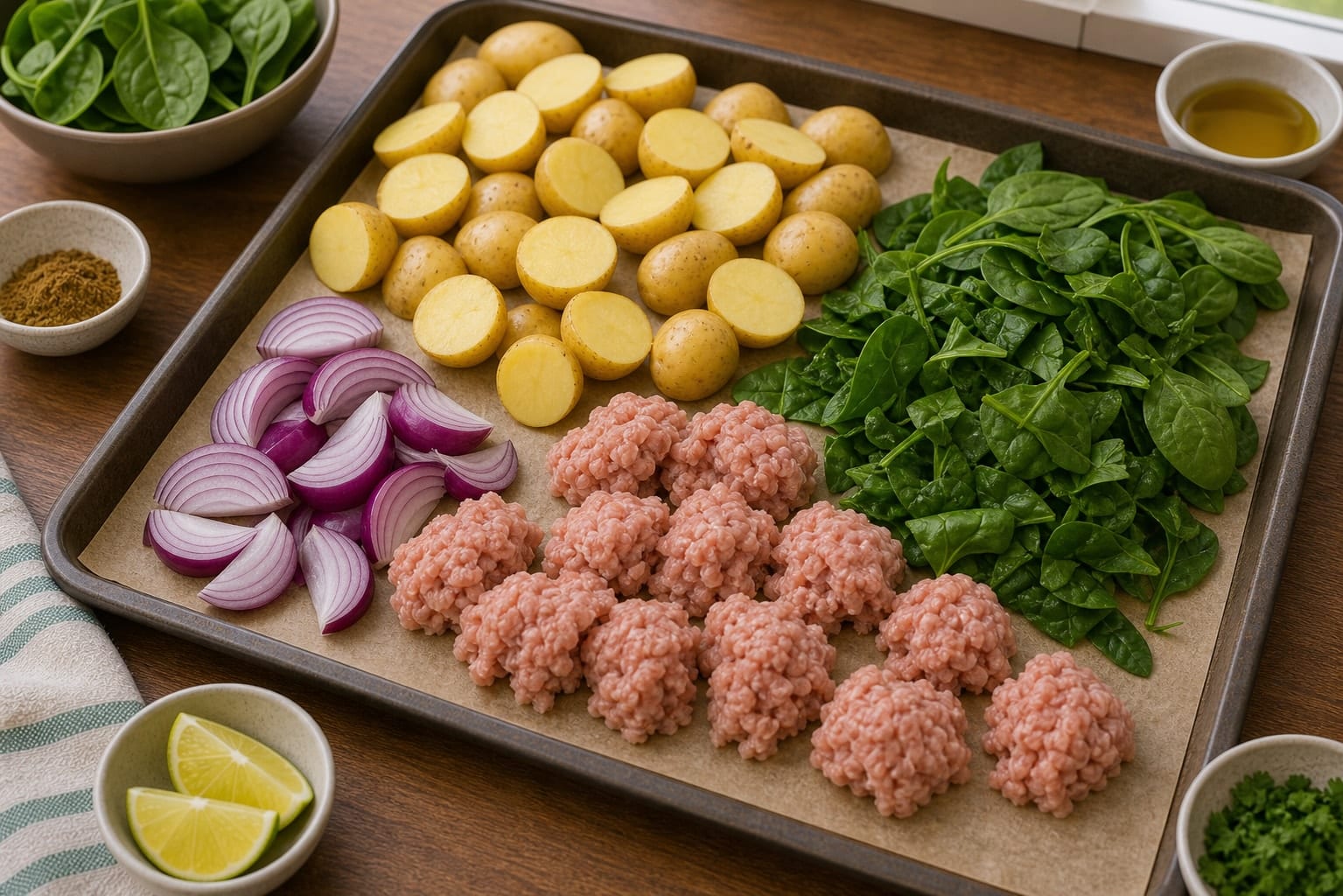 Cumin Turkey Spinach Traybake cooking step 1: Prepare the tray.