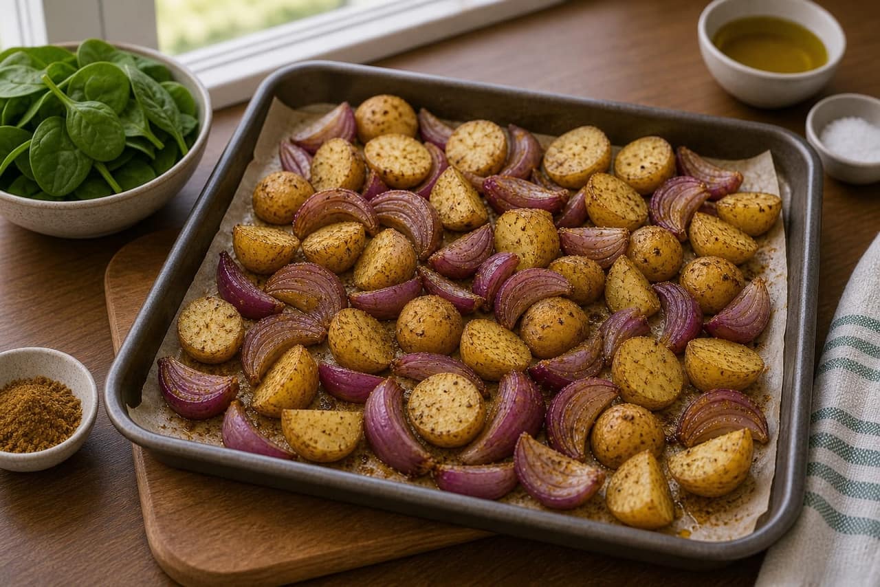 Cumin Turkey Spinach Traybake cooking step 2: Season the base.