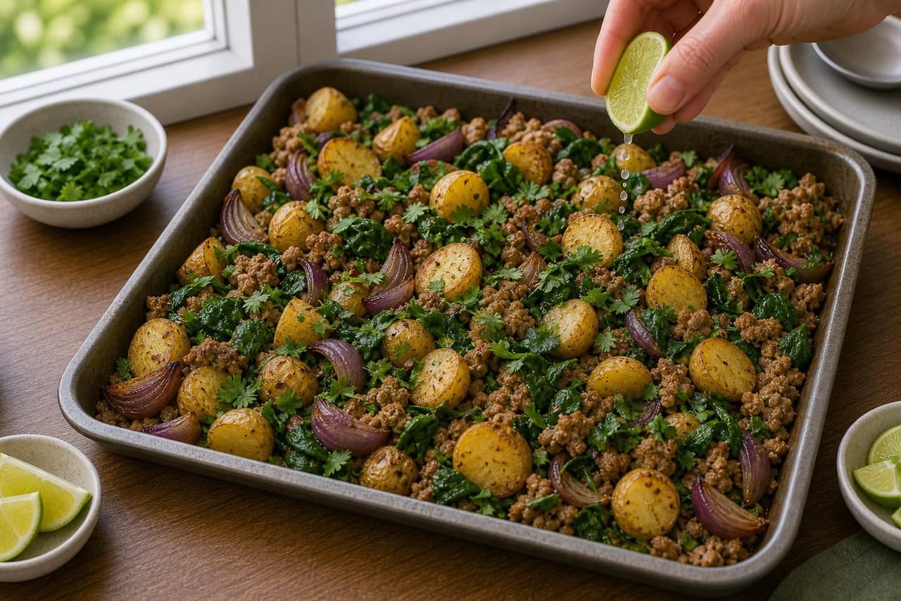 Cumin Turkey Spinach Traybake cooking step 5: Add freshness.