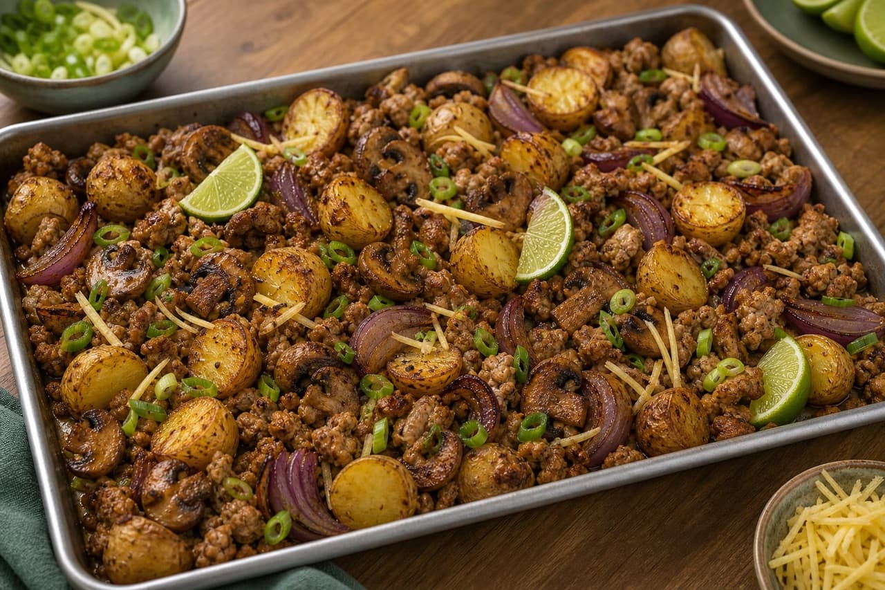 Ginger Turkey Mushroom Traybake plated and ready to serve.