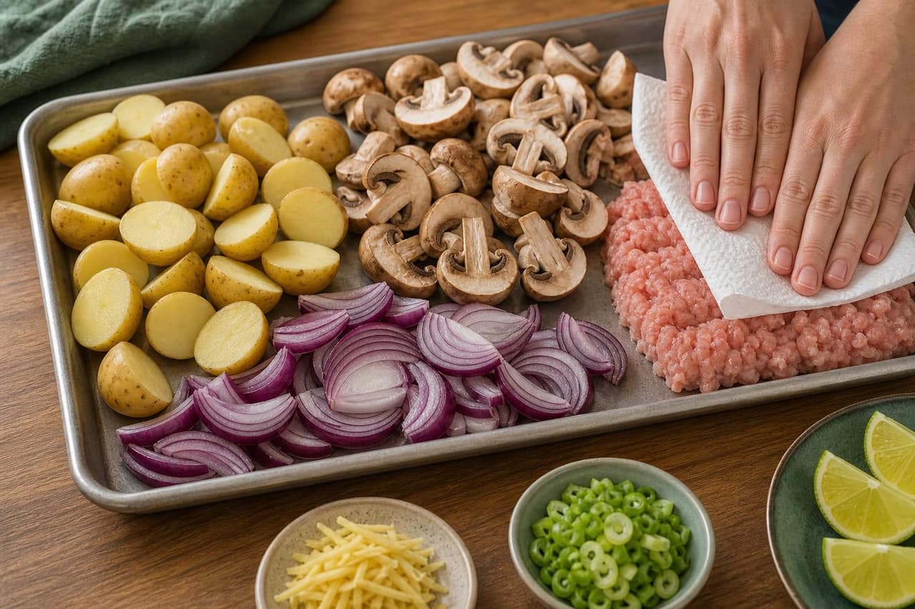 Ginger Turkey Mushroom Traybake cooking step 1: Prepare the tray.