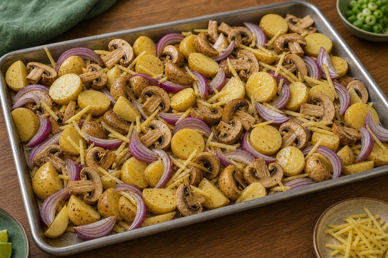 Ginger Turkey Mushroom Traybake cooking step 2: Season the base.