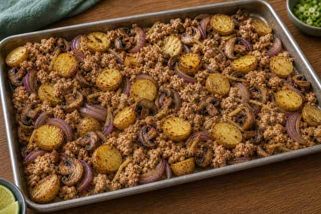 Ginger Turkey Mushroom Traybake cooking step 4: Add the protein.