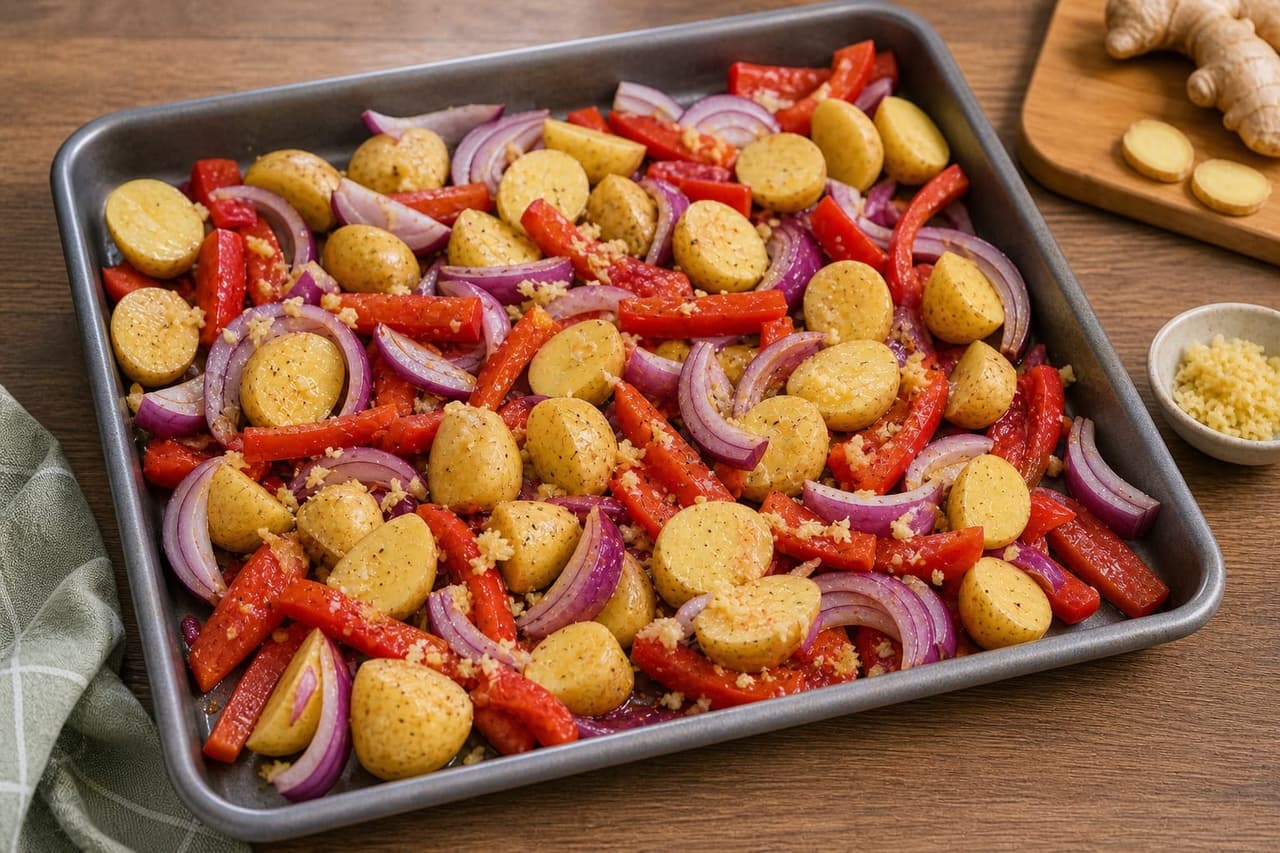Ginger Turkey Pepper Traybake cooking step 2: Season the base.
