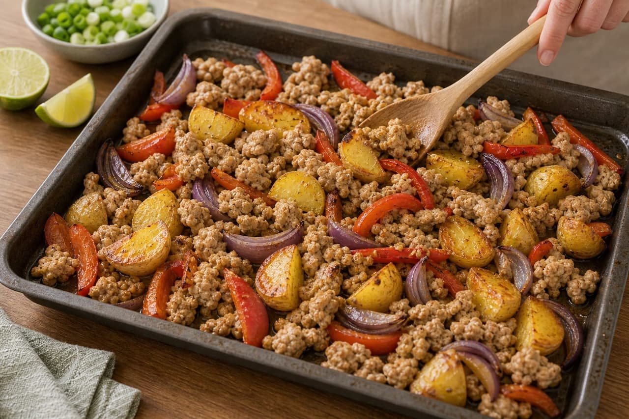Ginger Turkey Pepper Traybake cooking step 4: Add the protein.