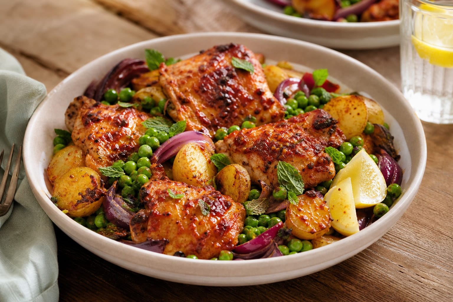 Harissa Chicken Pea Traybake plated and ready to serve.